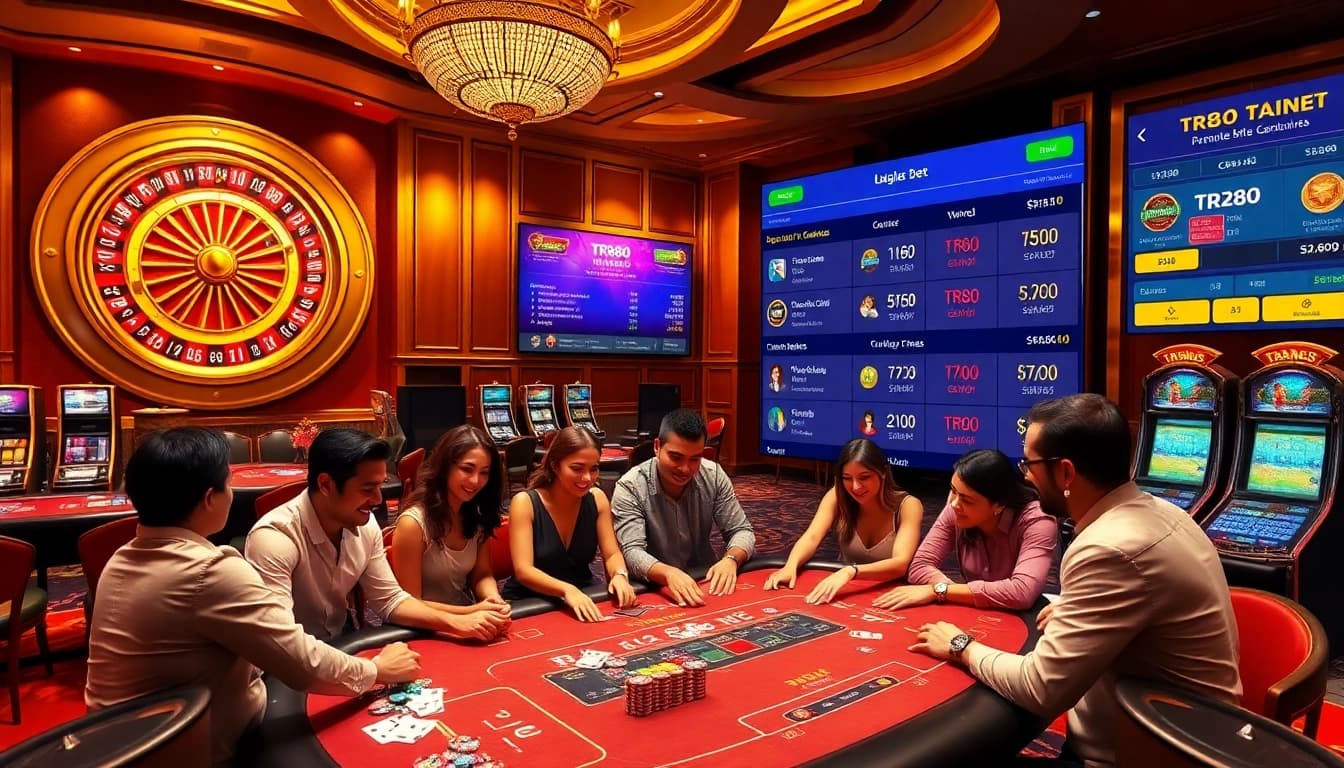 Players enjoying diverse games and making TR88 bet decisions in an elegant casino setting