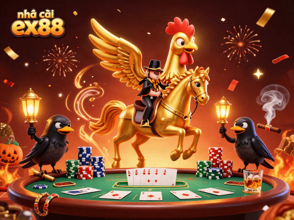 Engage with nhà cái ex88 featuring a dynamic 3D cartoon scene of a golden rooster and spectral horse.