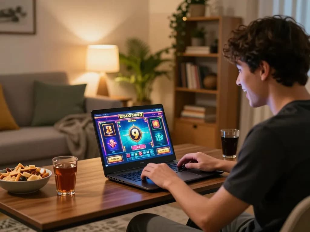 Engaging moment of a player spinning 9win online slots on a laptop in a cozy living room setting.