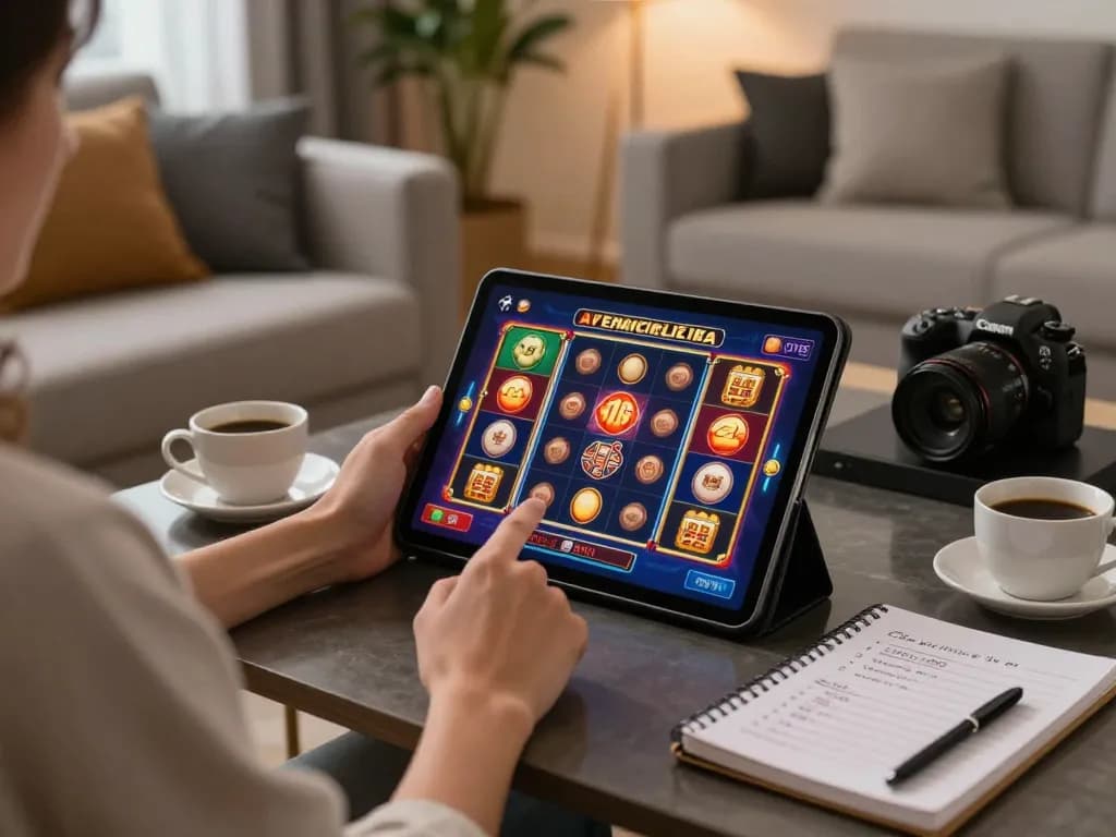 Engaged user playing 88vv slot games on a tablet in a cozy living room setting.