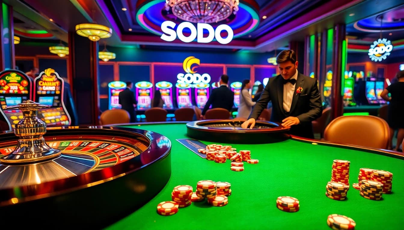 Players enjoying a thrilling game of blackjack at SODO Casino, surrounded by poker chips and luxury decor.