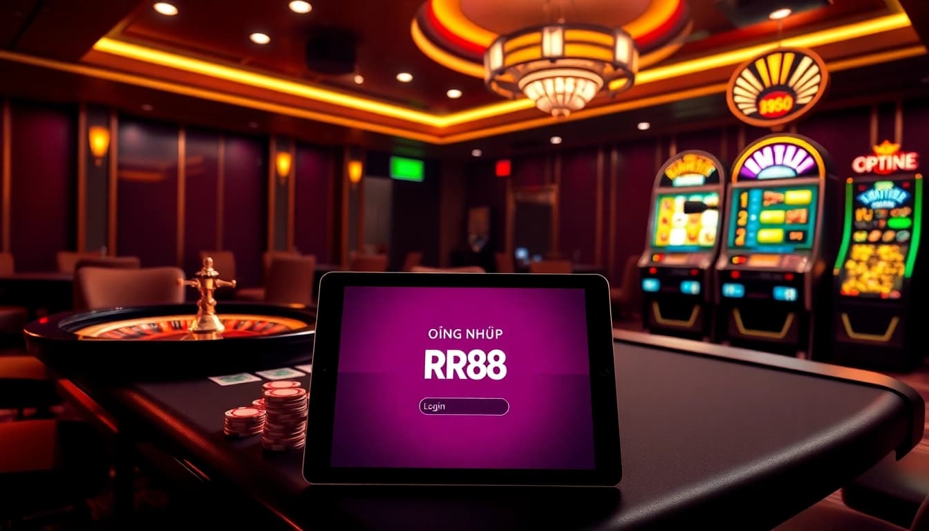 Experience gaming excitement with ĐĂNG NHẬP RR88 on a vibrant casino-themed tablet interface