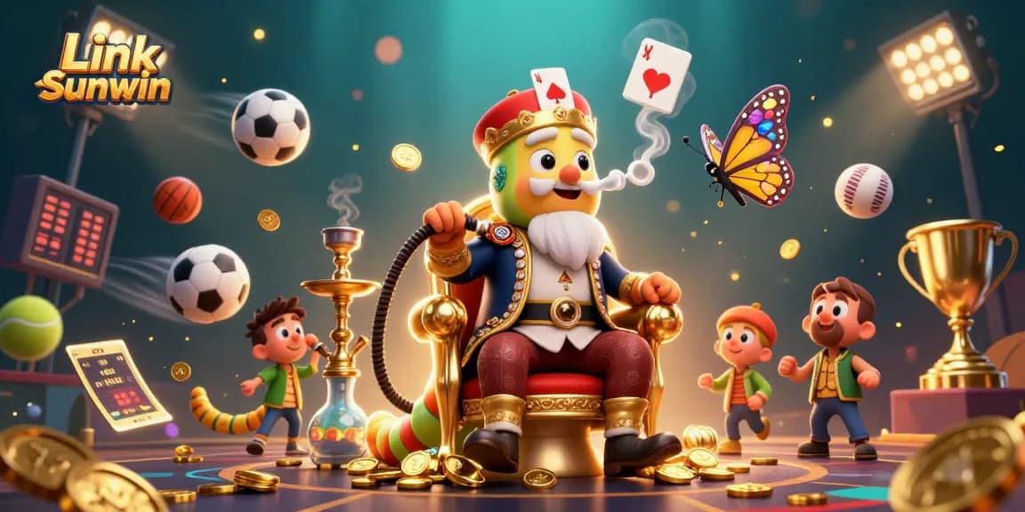 Win big with Link Sunwin in this vibrant 3D casino illustration showcasing lavish gaming elements.