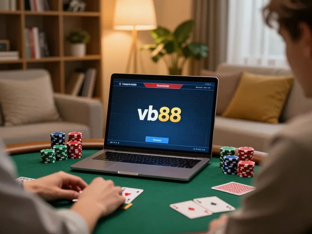 Engaging online poker gameplay at Trang chủ vb88 with cozy home setup and warm lighting.