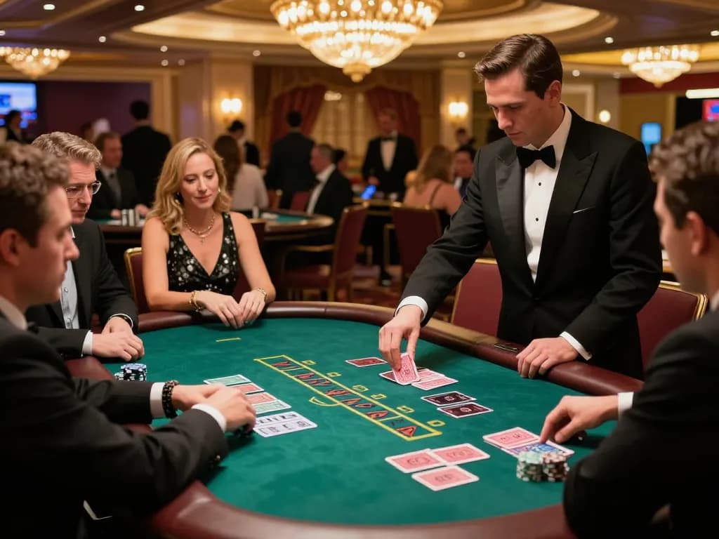 Nohu blackjack action with players placing strategic bets while the dealer manages cards at an upscale casino.
