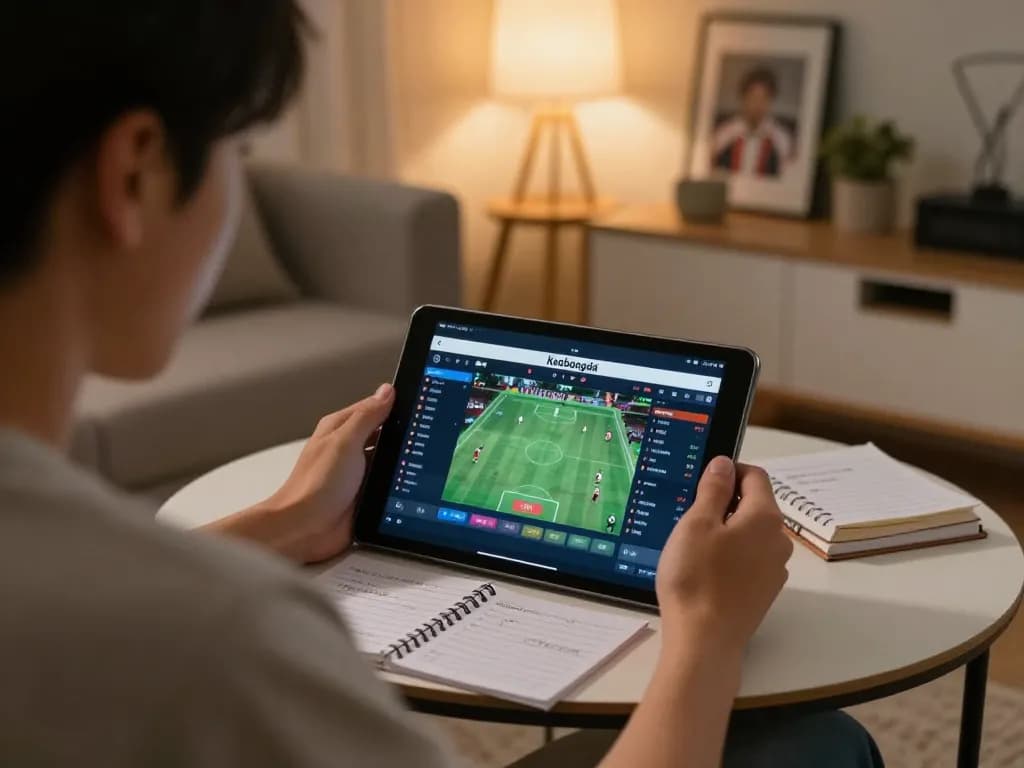 Engaging with keobongda odds on a tablet in a cozy sports betting setting