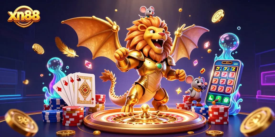 Experience thrilling wins with xn88's vibrant casino scene featuring a golden chimera and treasures.
