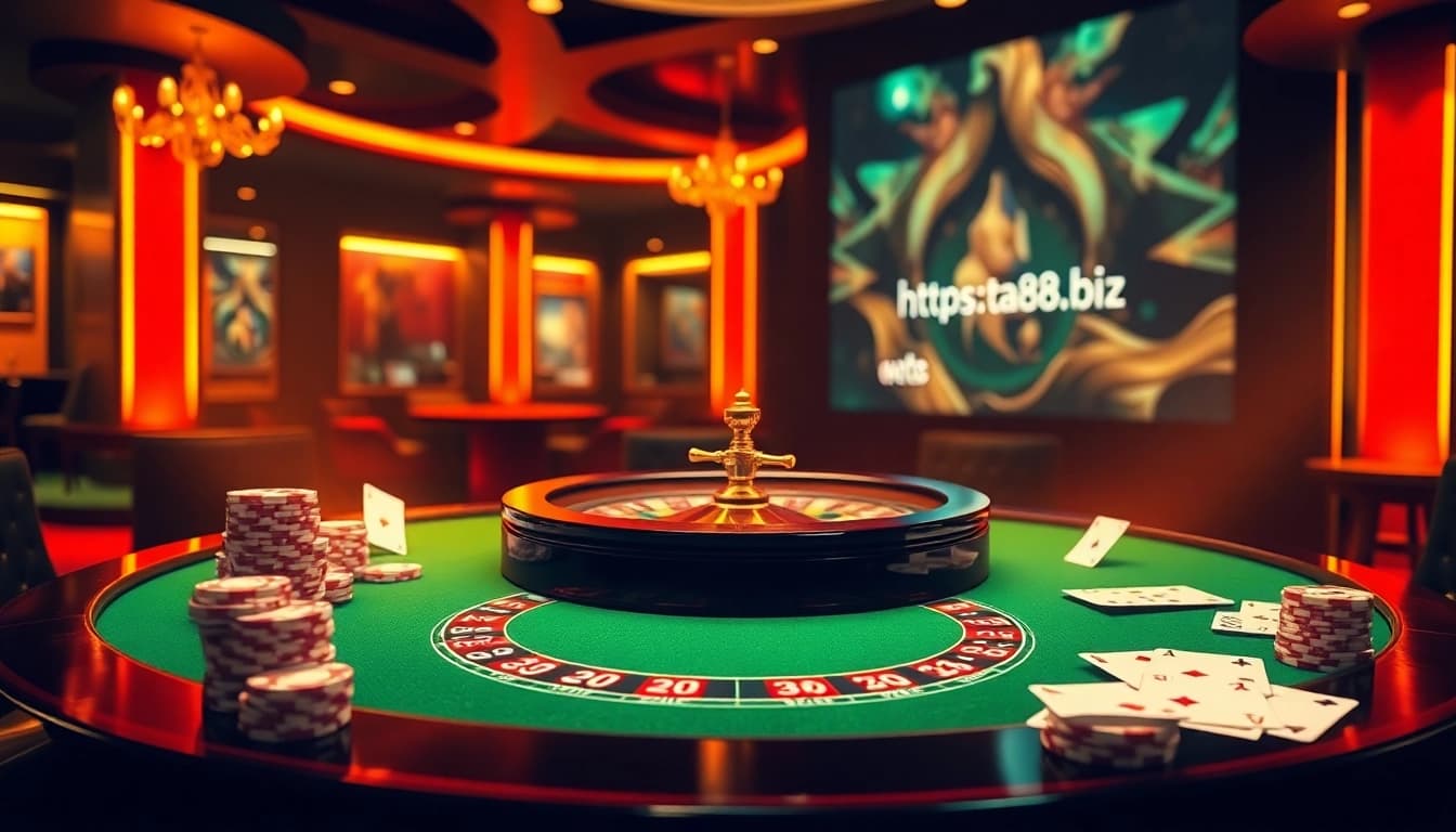Experience thrilling bets at https://ta88.biz/ with vibrant casino tables, cards, and poker chips.