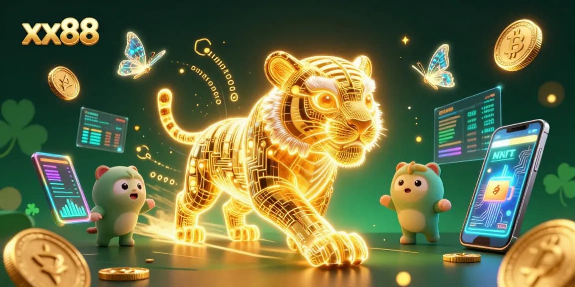 Engage with xx88's vibrant digital casino featuring a golden tiger and crypto-themed elements.
