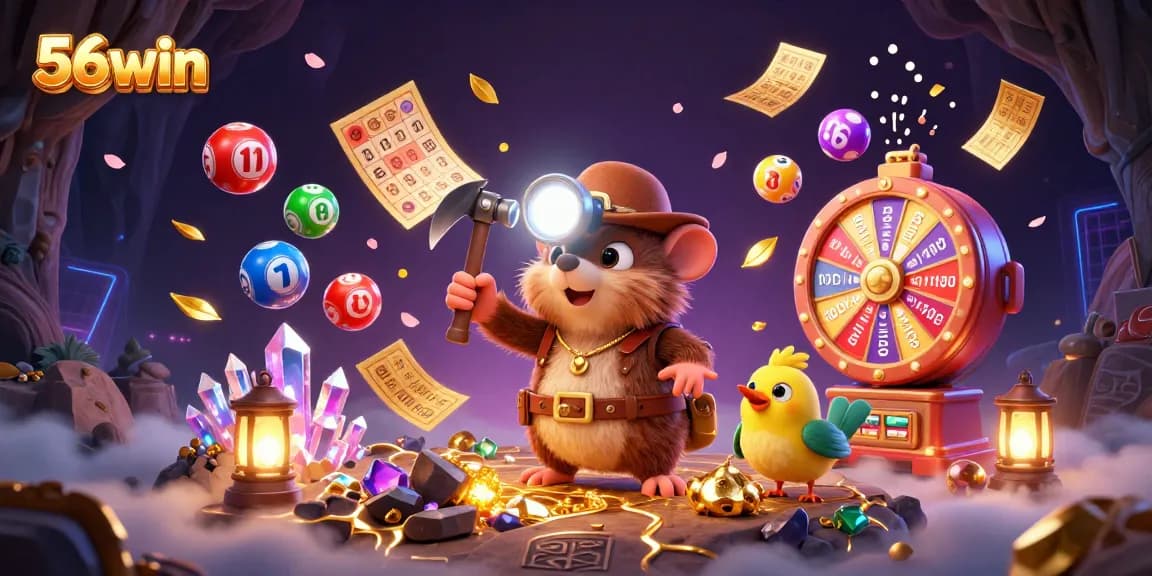 56win captures the thrill of gaming with a treasure hunter character amid colorful gambling elements.
