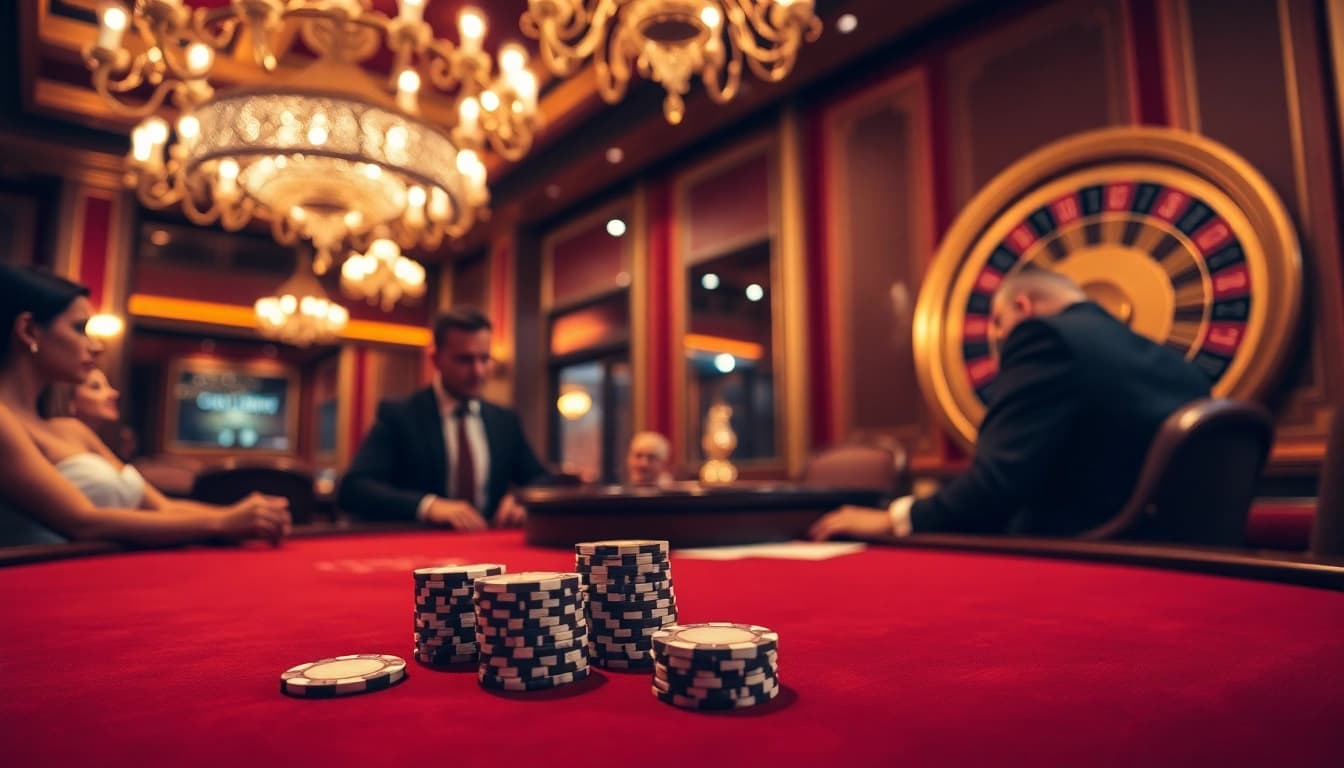 Engaged players at a poker table in a luxurious setting with poker chips and cards, showcasing https://77bet.codes/ excitement.