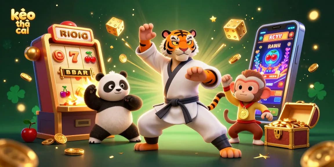 Experience the thrill of kèo nhà cái with colorful characters and bursting slot machines in this vibrant casino illustration.