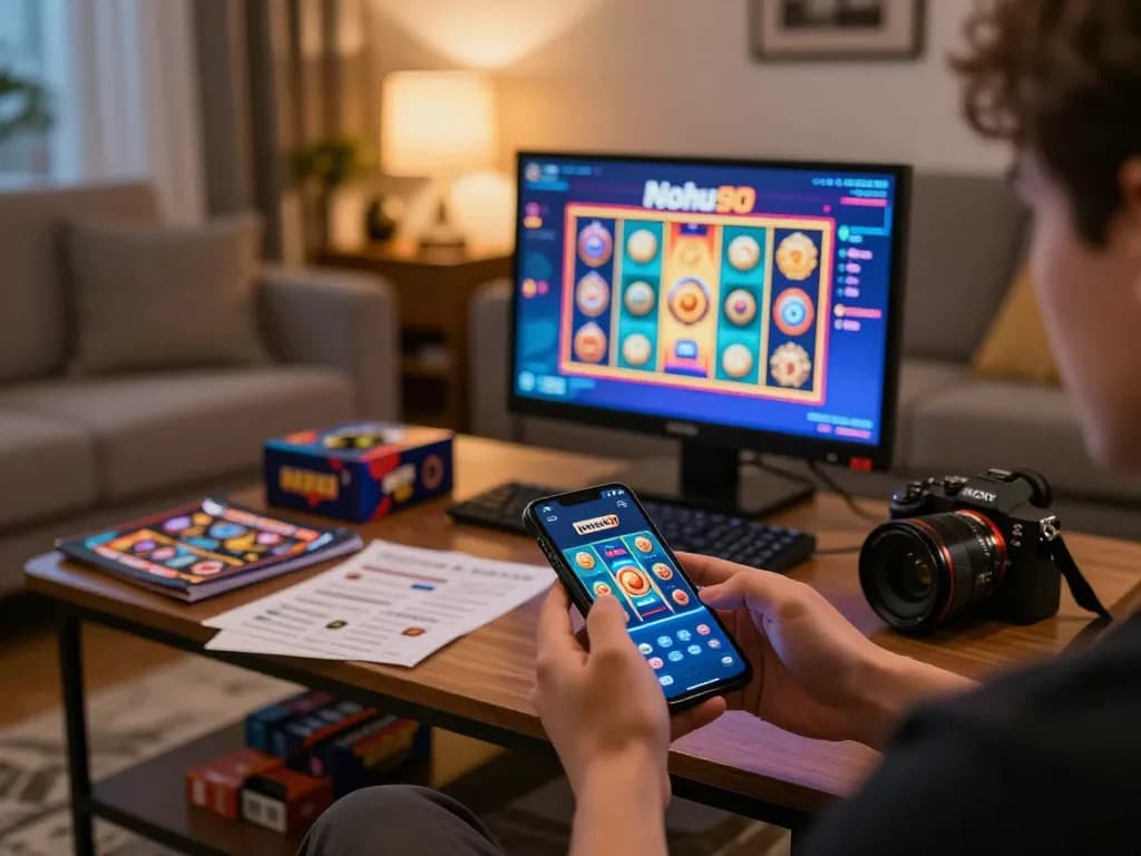 Nohu90 app displayed on smartphone during a cozy home casino gaming session, showcasing vibrant slots.