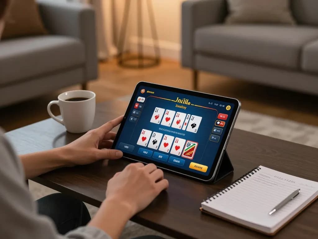 Engaging moment at VS555 Casino with a player using a tablet for poker gaming
