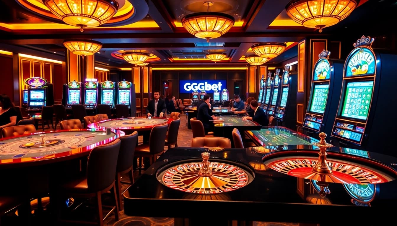 Experience exhilarating GG88 bet action with luxurious casino visuals of tables and players.