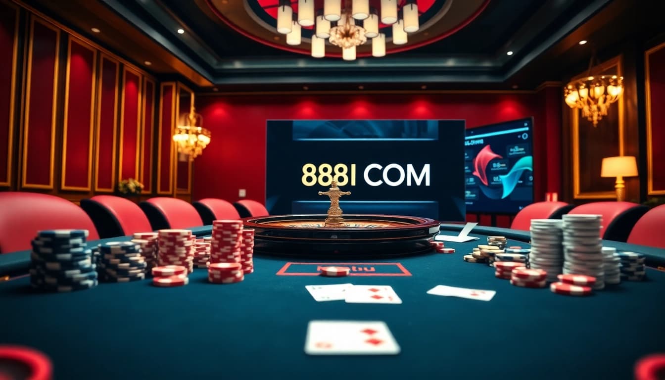 Experience the thrill of betting at 88I COM with an elegant casino setup showcasing poker and roulette.
