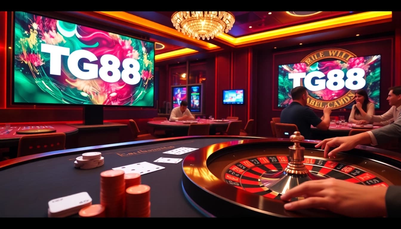 An engaging scene of gamblers enjoying gameplay at Nhà cái TG88, featuring poker chips and a roulette wheel.