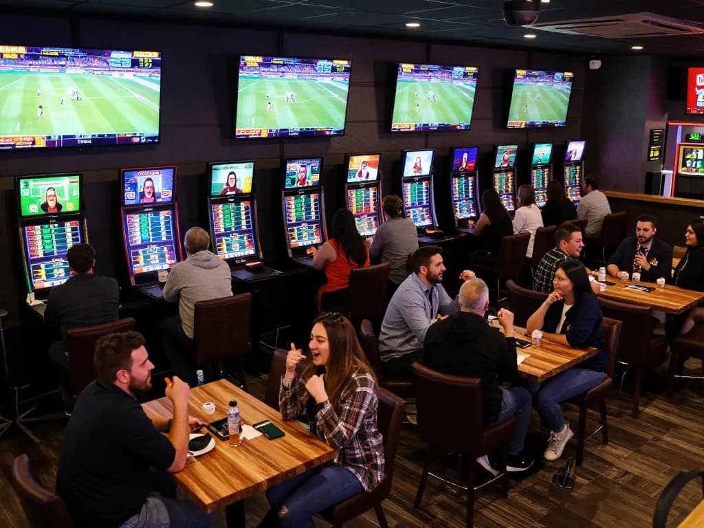 nhandinhkeonhacai offers live sports betting experience with patrons engaging in bets at a lively venue