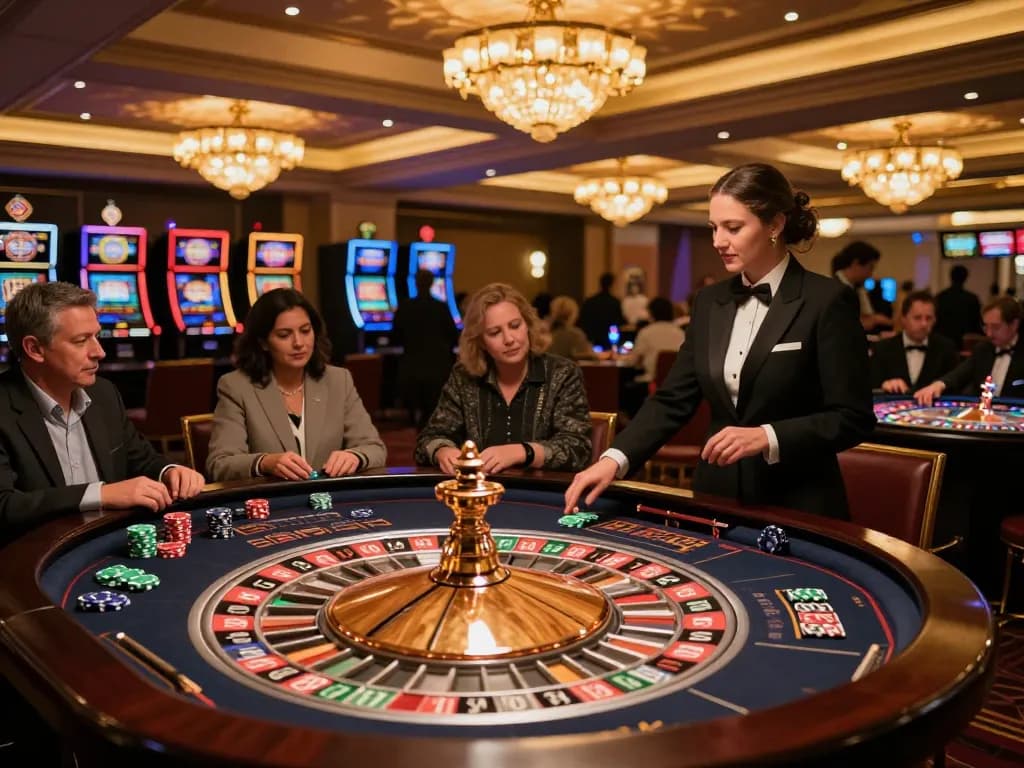 Experience the thrill of Game Bài Đổi Thưởng at an upscale casino with players engaging in roulette