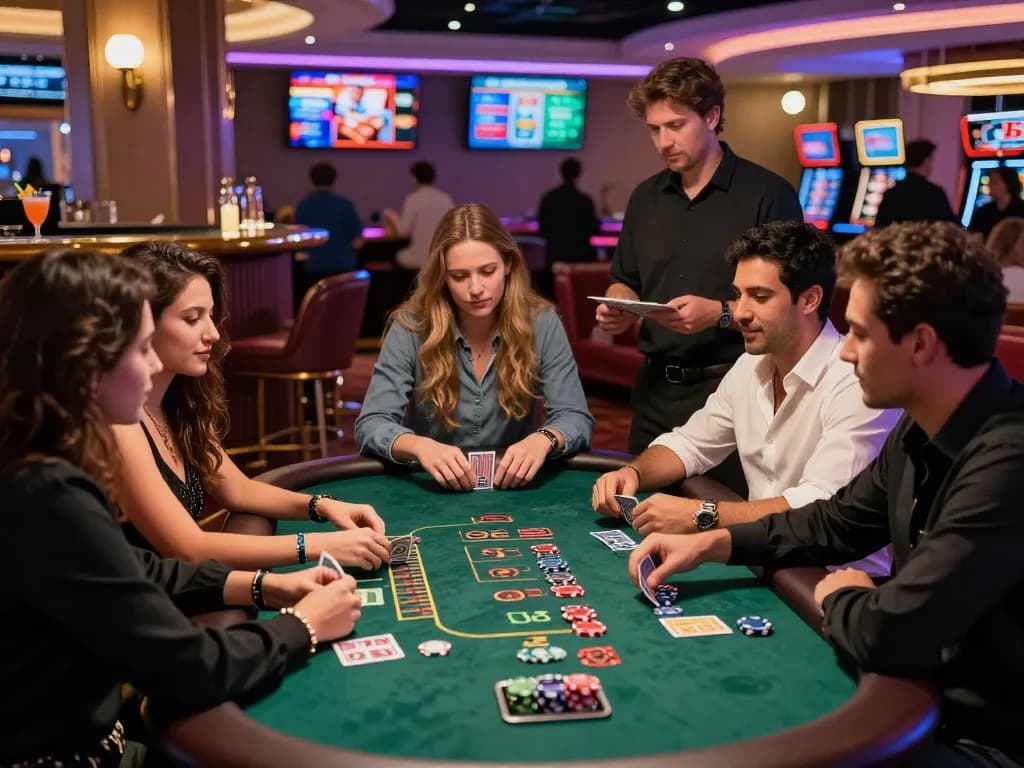 Engaging casino scene with diverse friends playing blackjack, showcasing the lively spirit of rikbet gaming.