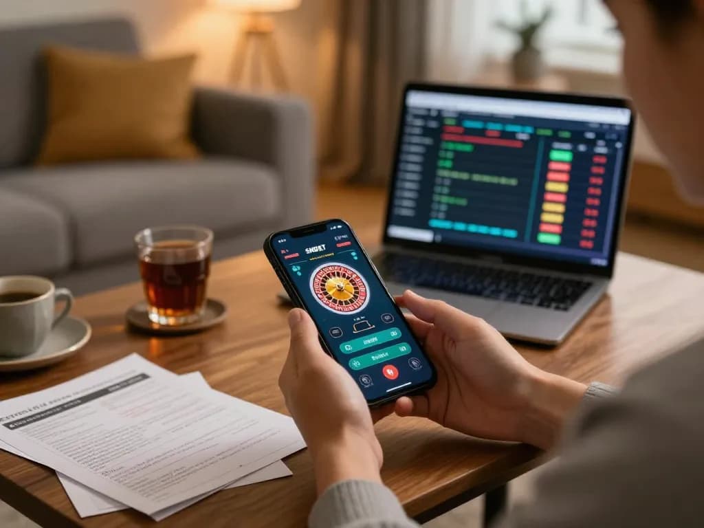 Player using SHBET app for online gambling with a live roulette game, cozy home environment.