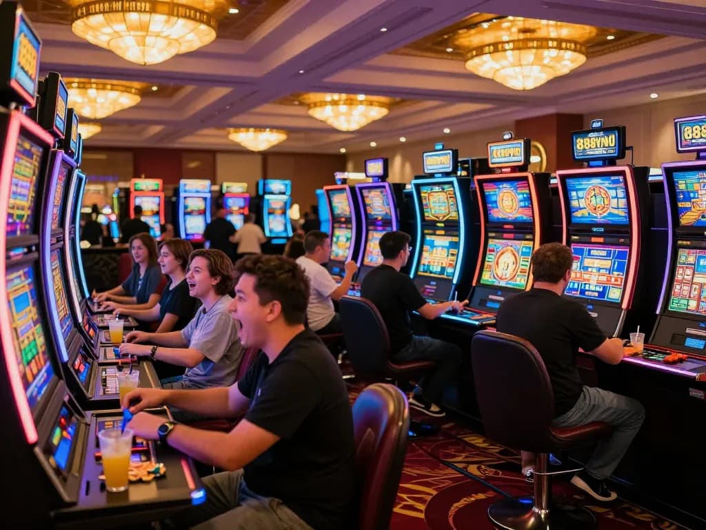 Players enjoying thrilling slot machines at 888vnd com casino with vibrant atmosphere