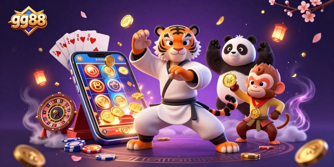Engage with thrilling games at gg88, showcasing a kung fu tiger master and vibrant slot machine action.