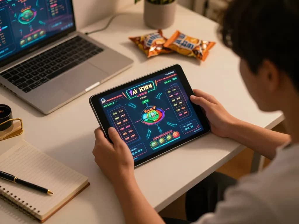 Engaging in tài xỉu online gameplay while analyzing game strategies at home with a tablet.