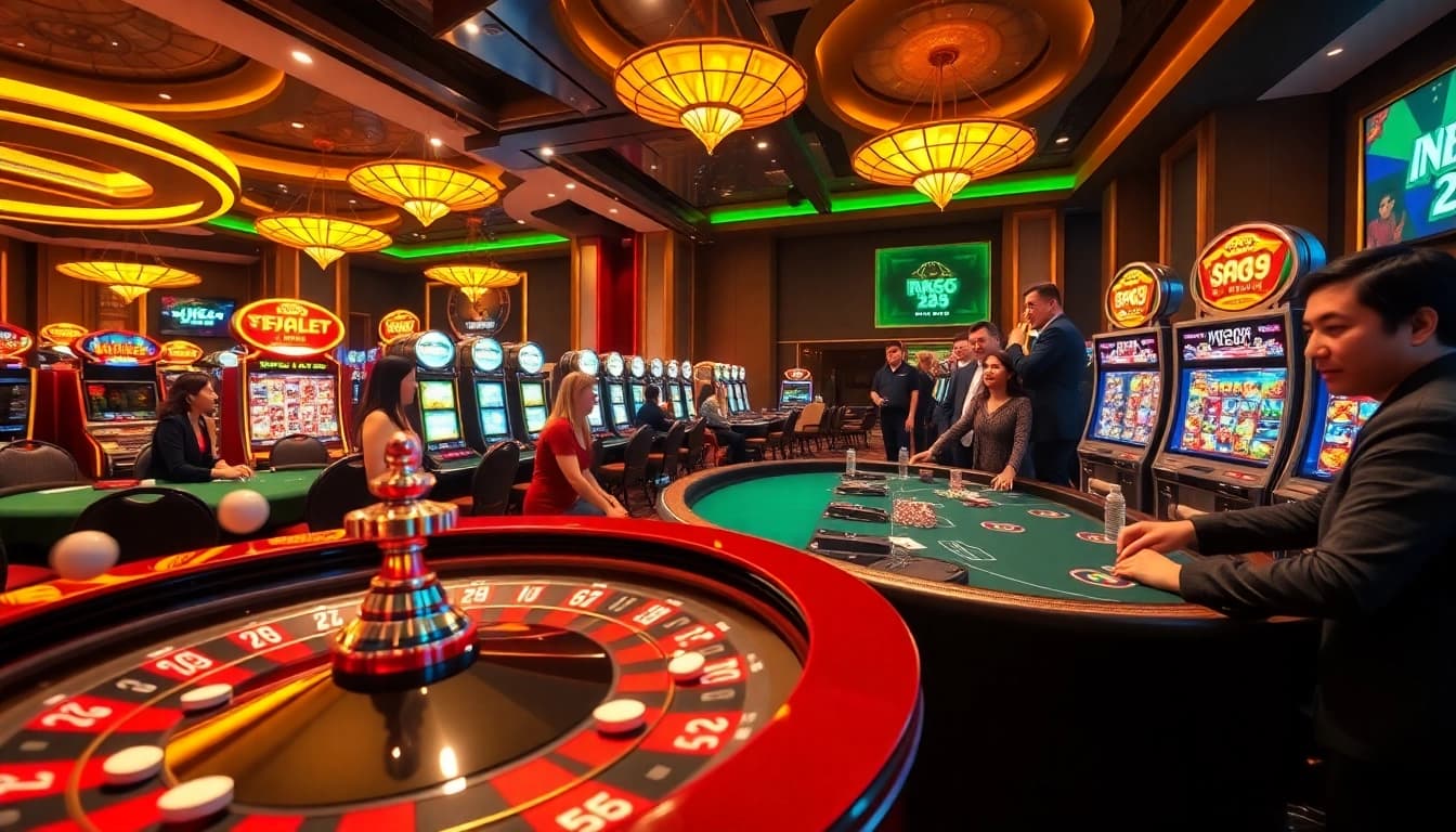 Engaged players at NK88 casino tables, celebrating wins in a vibrant gambling atmosphere.