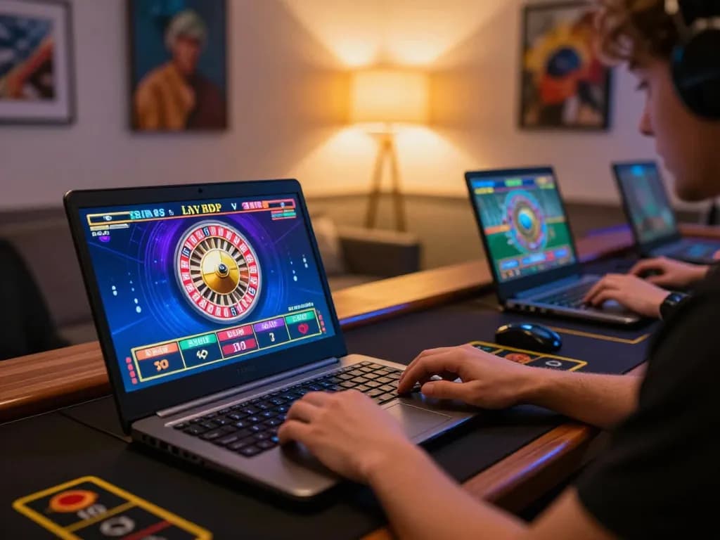 Engaging with Sin88 online casino on a laptop in a cozy home gaming setup
