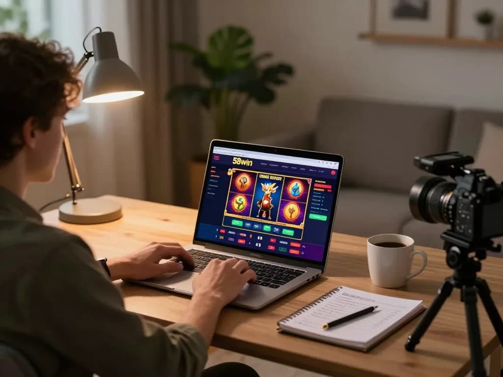 Engaging gameplay at 58win online casino with vibrant slot games on a modern home office setup.