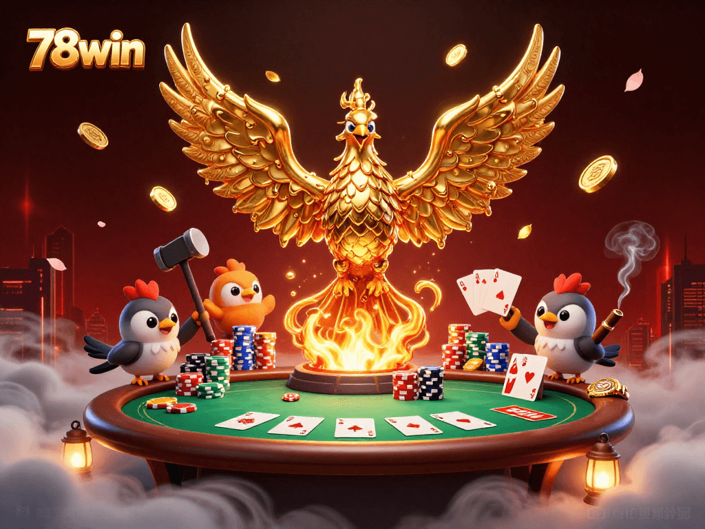 Experience thrilling gameplay at 78win, featuring a molten metal phoenix soaring over poker chips and games.