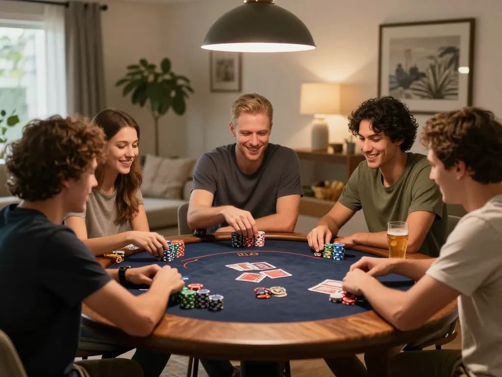 Engaged players enjoying poker at home during a cozy night, highlighting 78winvina's gaming community.
