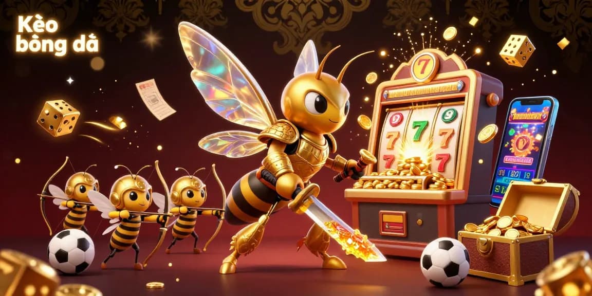 Kèo bóng đá scene with a golden hornet in samurai armor and bee archers amidst sports betting elements, jackpot excitement, and vibrant casino gaming.