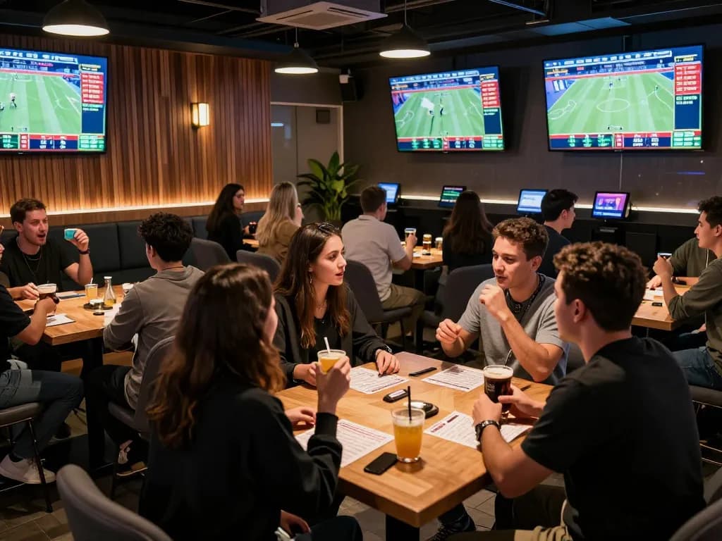 Experience the excitement of sports betting at DA88 with friends, displaying betting slips and live games on screens.
