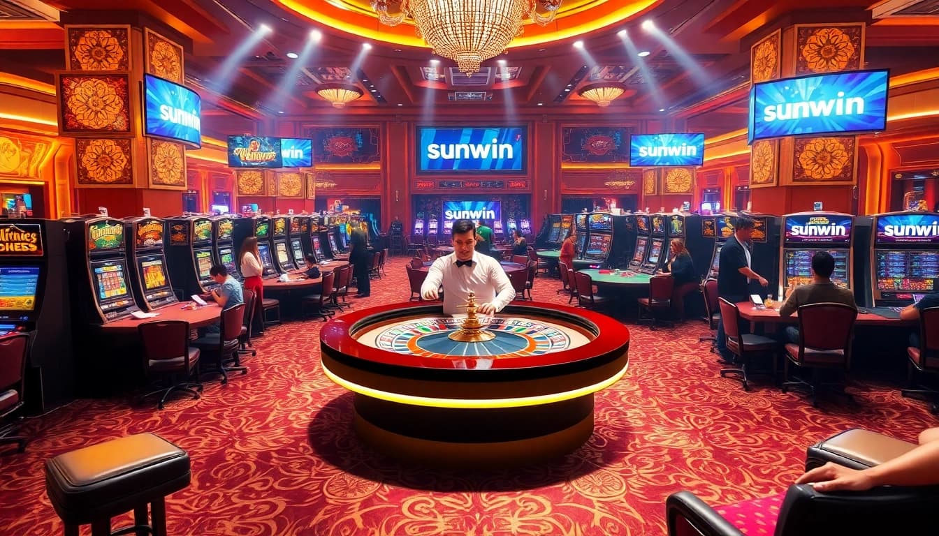 Experience the excitement of sunwin at a luxurious casino with vibrant gaming tables and players.