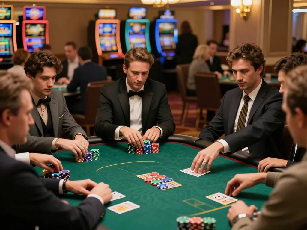Gamebaidoithuong players placing bets at a luxurious poker table under warm lighting.