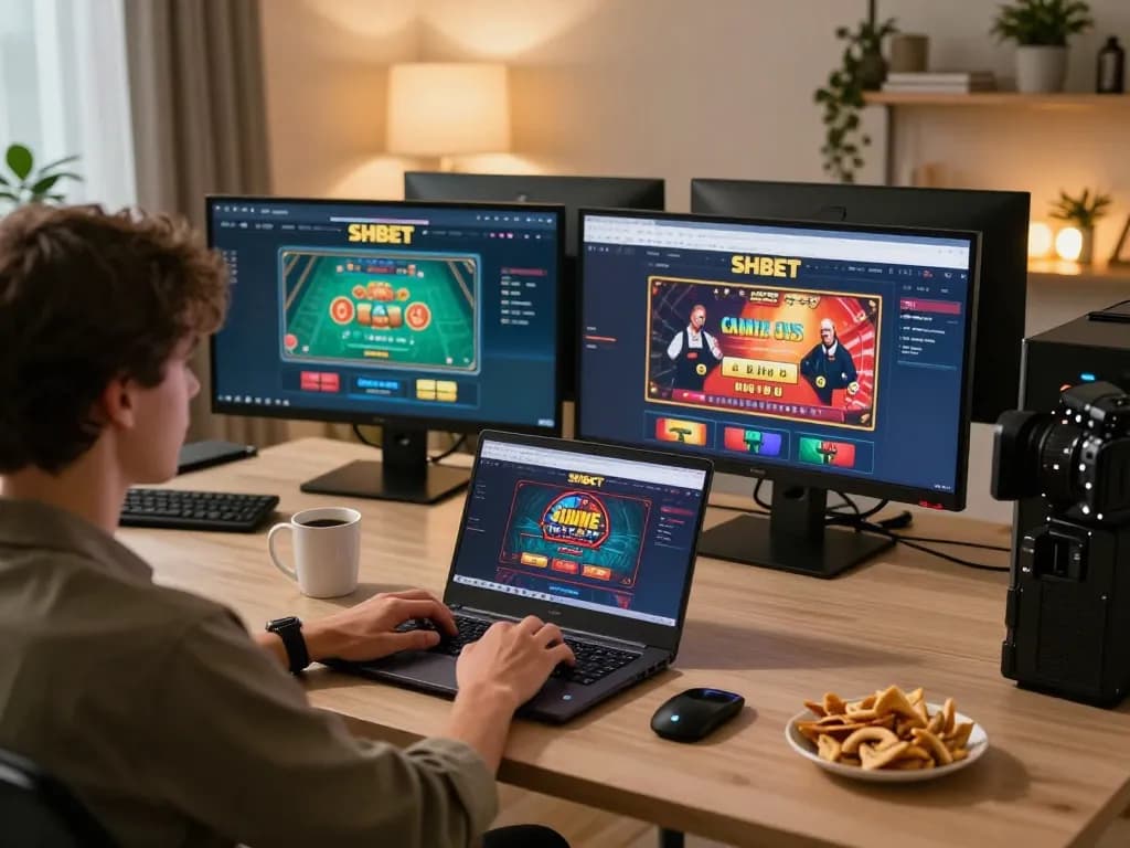 Engaged player exploring SHBET online casino on laptop, illustrating responsible gaming at home.