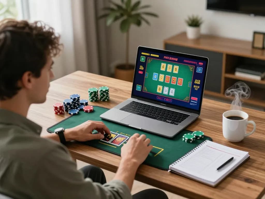 Player engaged in a live dealer game on laptop, highlighting va88 online gambling strategy