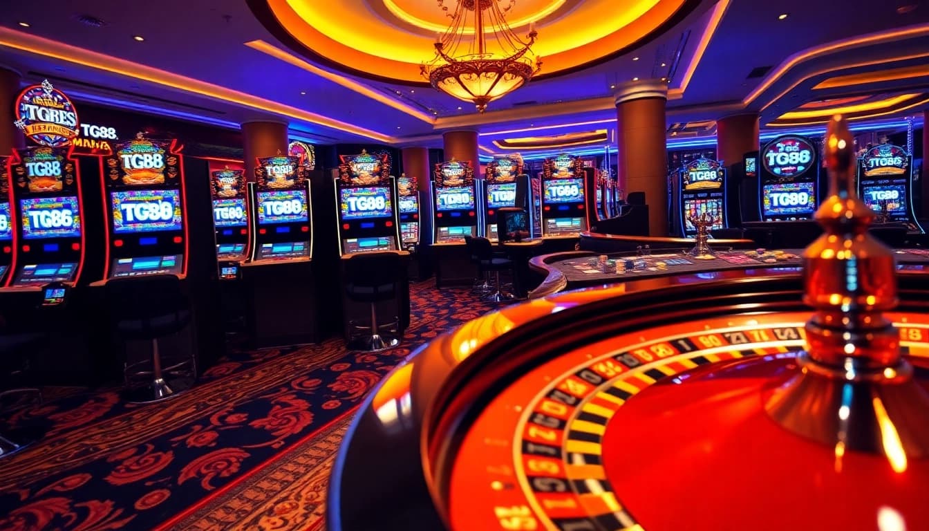 Experience thrilling gameplay at TG88's luxurious casino featuring vibrant slot machines and poker tables.