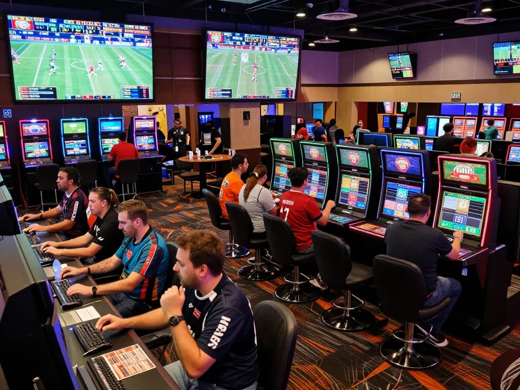 Usbet fans placing bets in a lively casino sports betting area with screens showing live games.