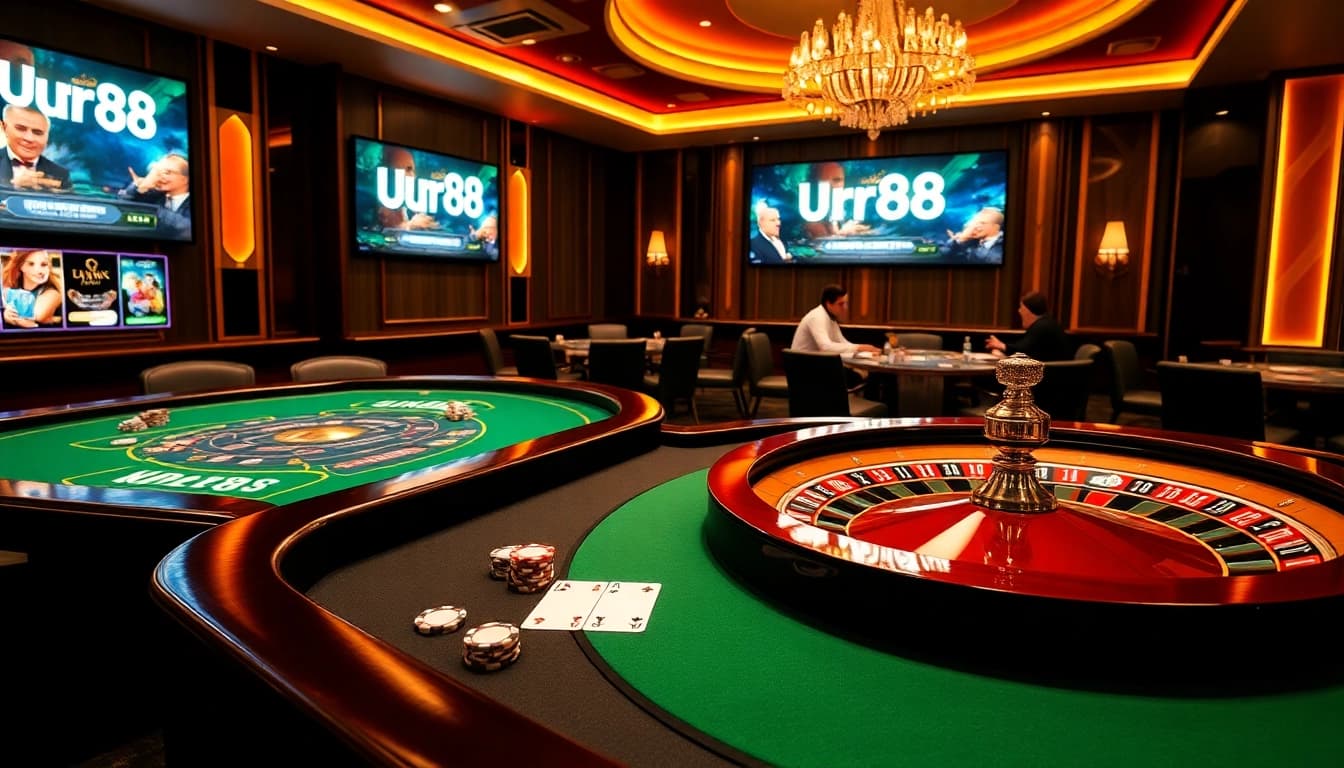 Experience the excitement at https://urr88.com/ with players at an elegant casino table, showcasing vibrant cards and chips.