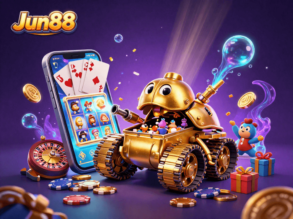 Experience Jun88 with a vibrant 3D casino scene packed with dynamic gaming elements and excitement.