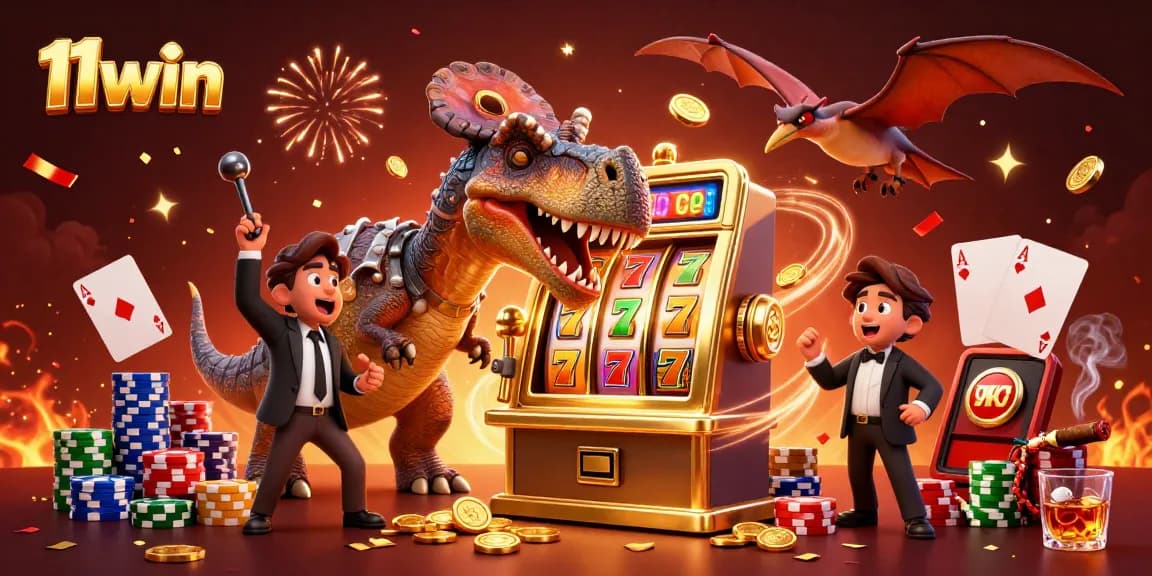 Catch jackpot coins with 11win in a vibrant casino scene featuring playful dinosaurs.