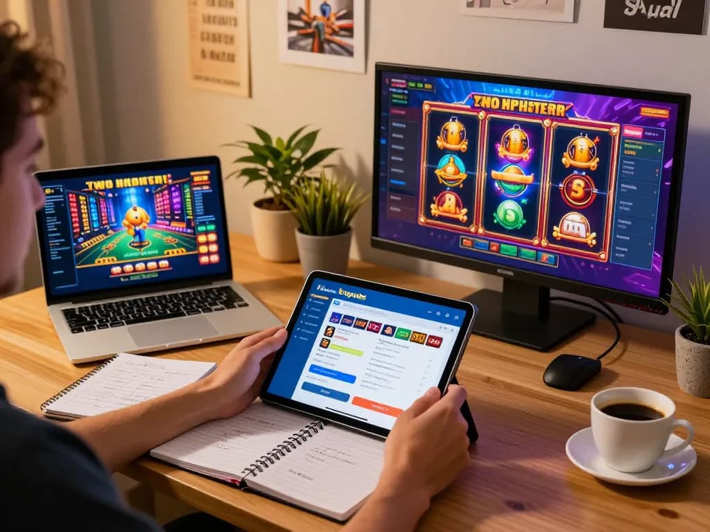 Kaya88 ewallet's interface displayed on a tablet during an online casino session, showcasing vibrant gaming options and strategic notes.