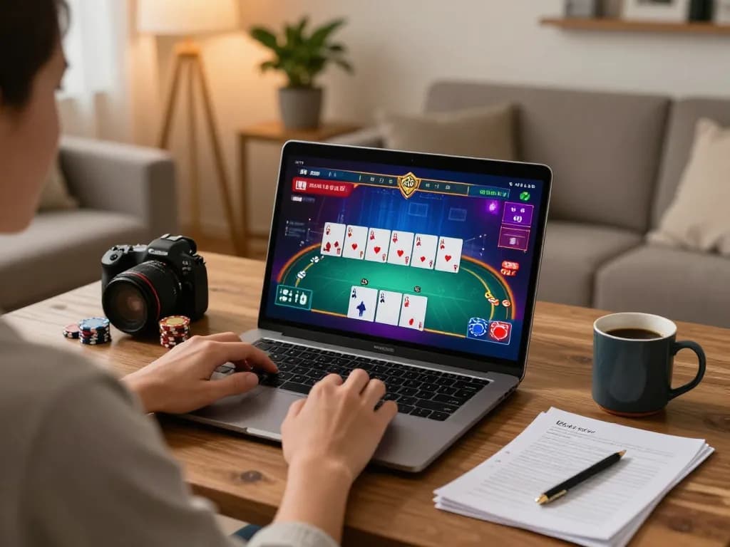 Playing poker online at home with a vibrant interface from https://go8.agency/ on the laptop screen, cozy warm ambiance.