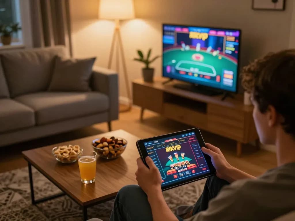 Engaging in Rikvip online gaming with tablet, showcasing exciting poker action and cozy atmosphere.