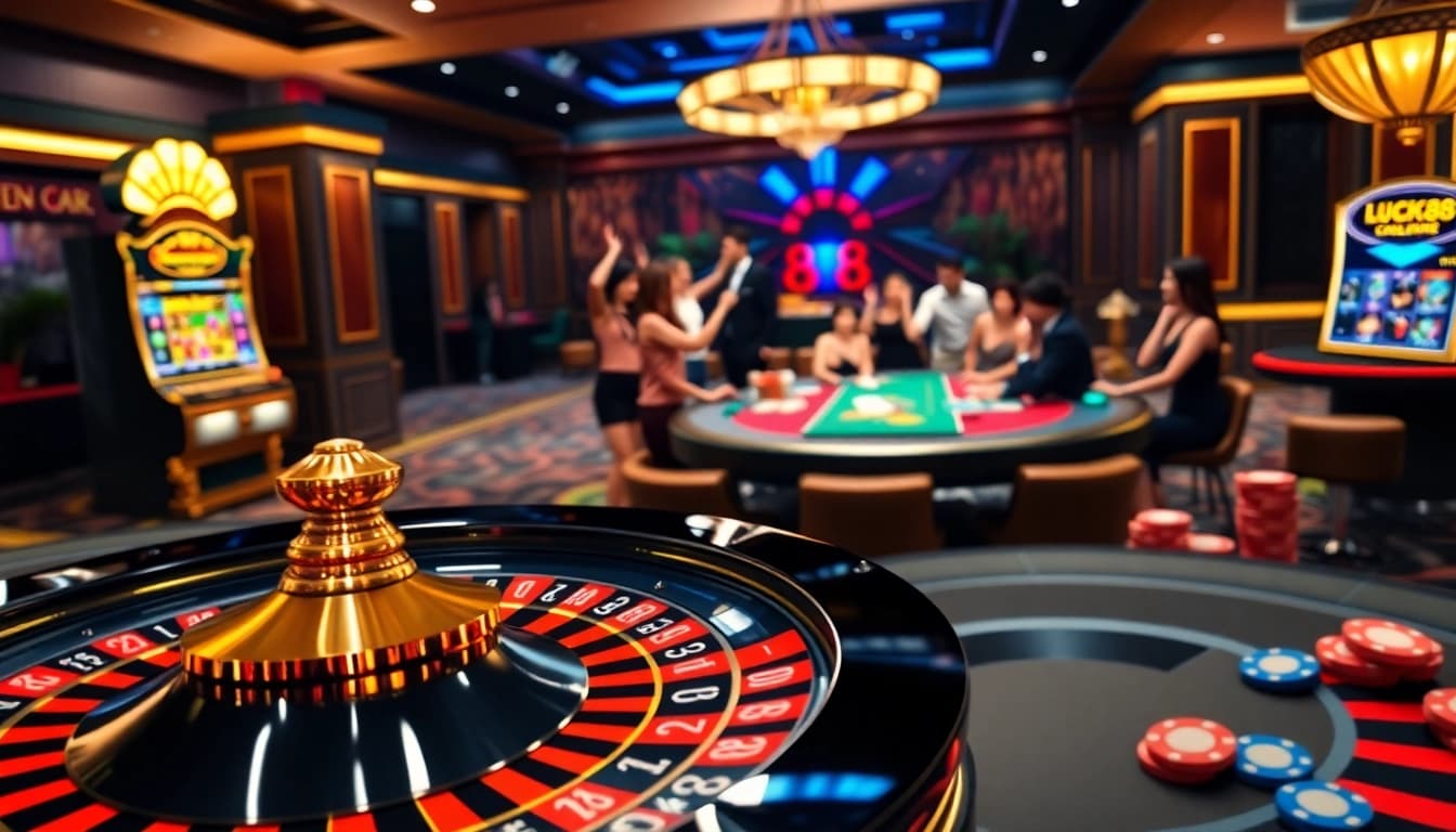 LUCKY88 players engaging in thrilling online gambling with roulette and poker elements.