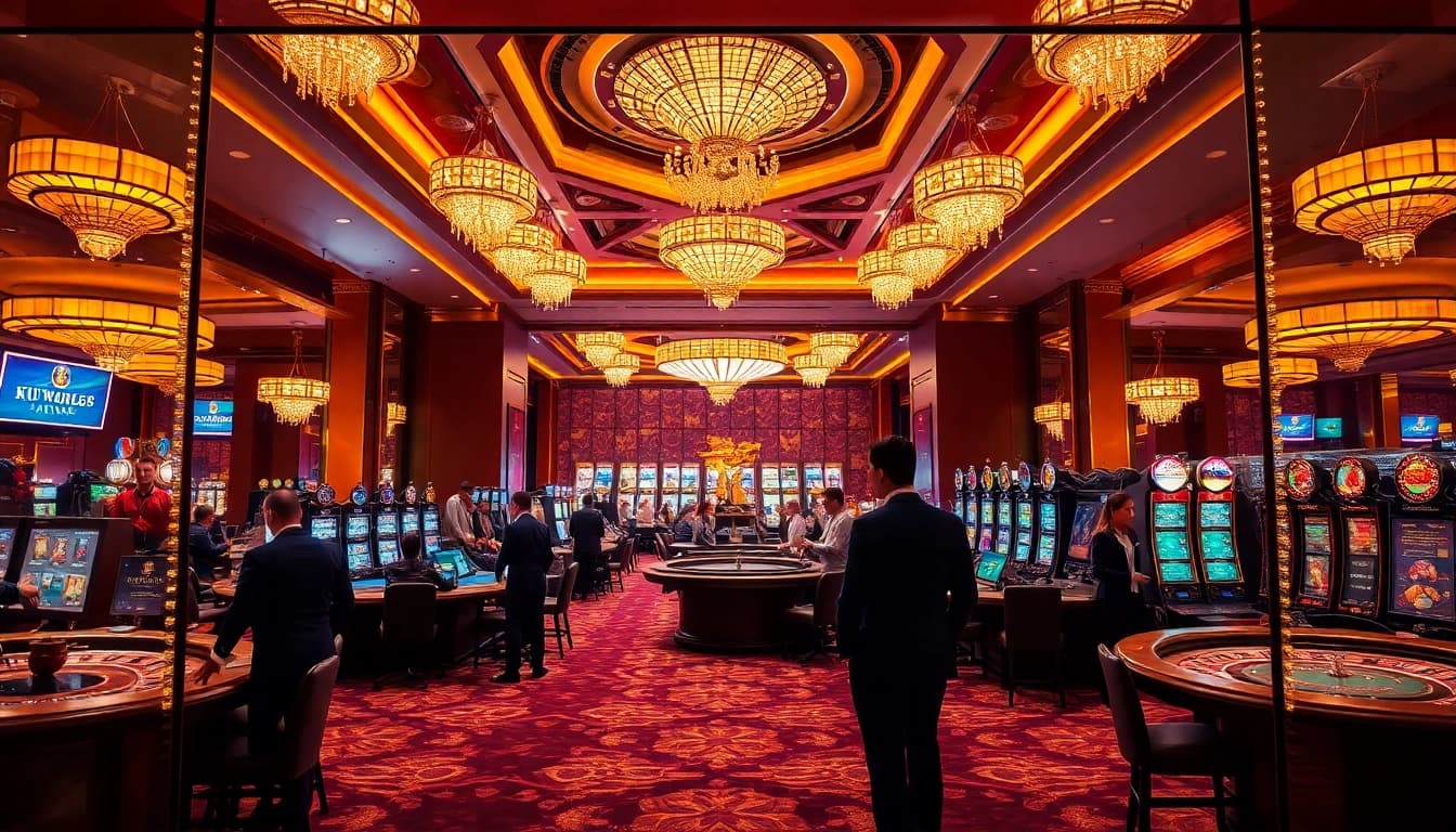 Players enjoying diverse games at kuwinblog.com, capturing excitement in a vibrant casino atmosphere.