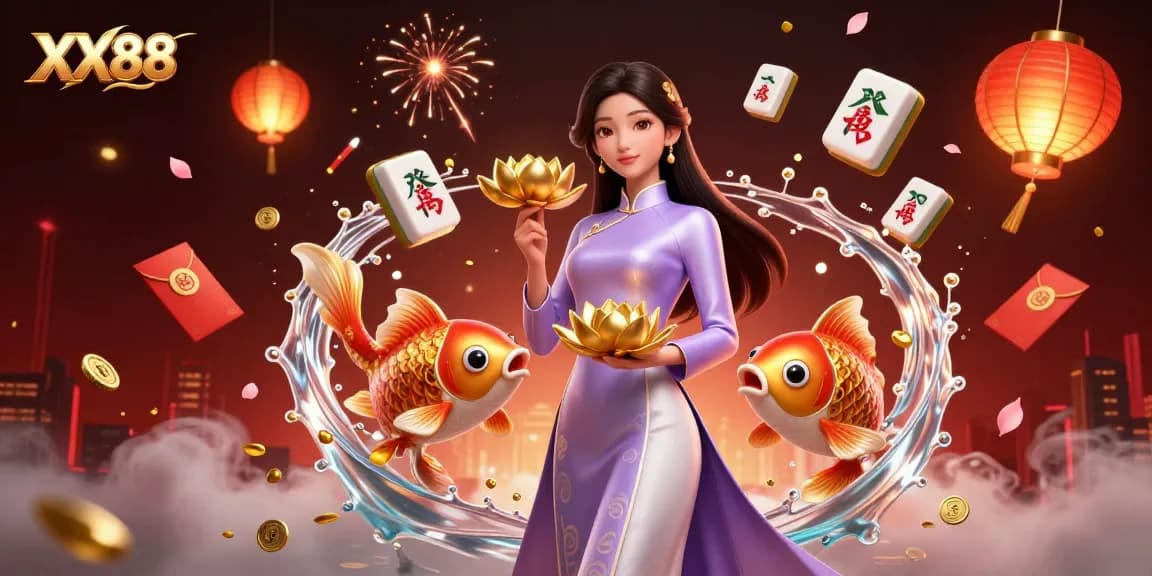 Experience thrilling gameplay at XX88 with stunning visuals of a serene Asian woman and golden koi.